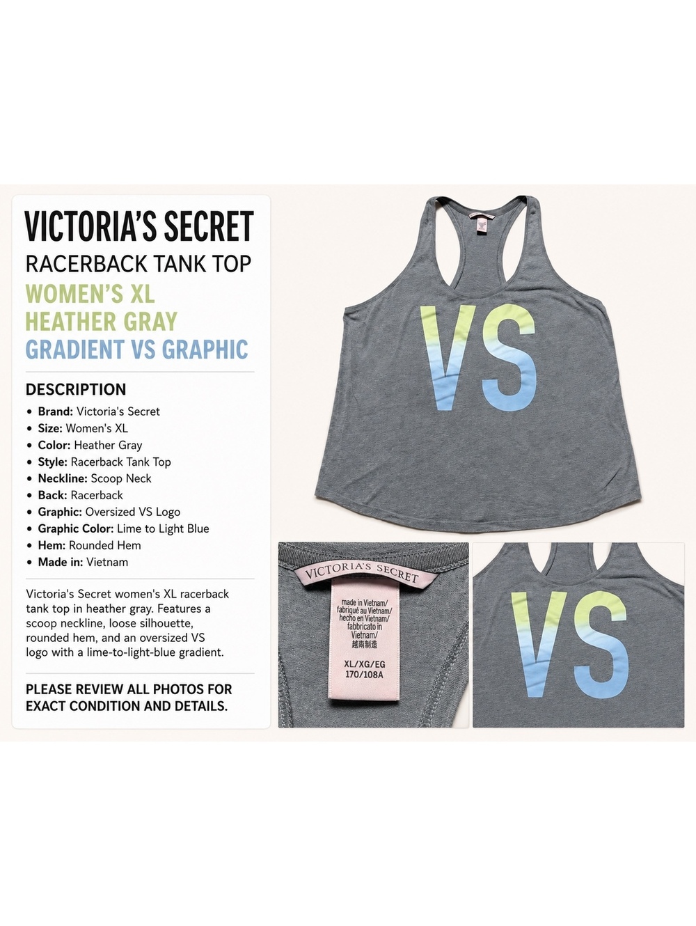 Victoria’s Secret Women’s XL Heather Gray Racerback Tank Top Gradient VS Logo